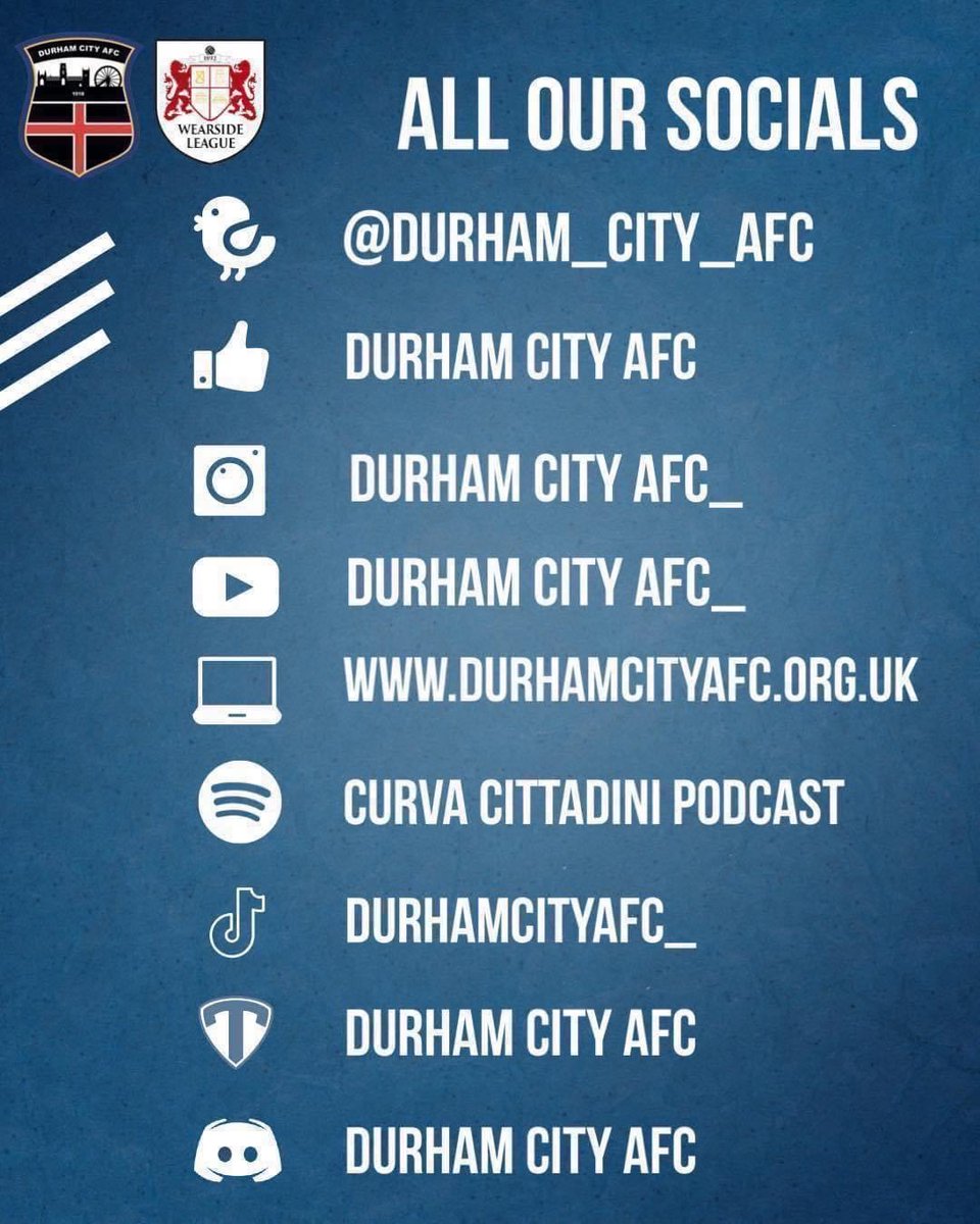 Keep up to date!📱💻 We’re on just about everything we can be so that you can stay up to date with everything that’s happening with Durham City AFC on your preferred platform of choice. And some of our fans have set up a supporters group Facebook page: facebook.com/share/zuFnmmmM……