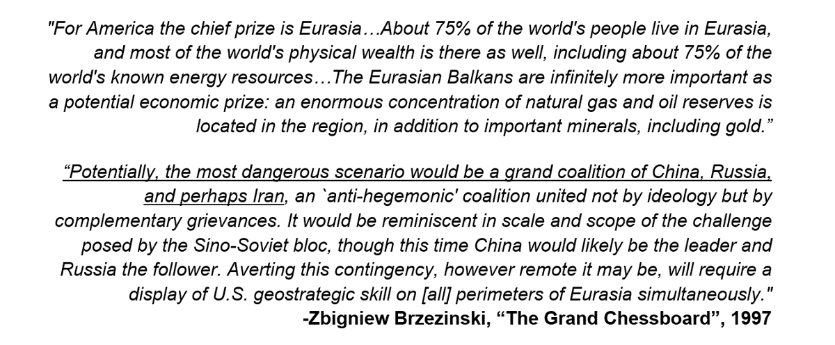 LukeGromen's tweet photo. 27 years ago, Zbig Brzezinski warned "the most dangerous scenario would be a grand coalition of China, Russia, & perhaps Iran."

Out of hubris, US policymakers spent the last 20-25 years pursuing policies that [wait for it]... pushed China, Russia, & Iran closer together.

1/