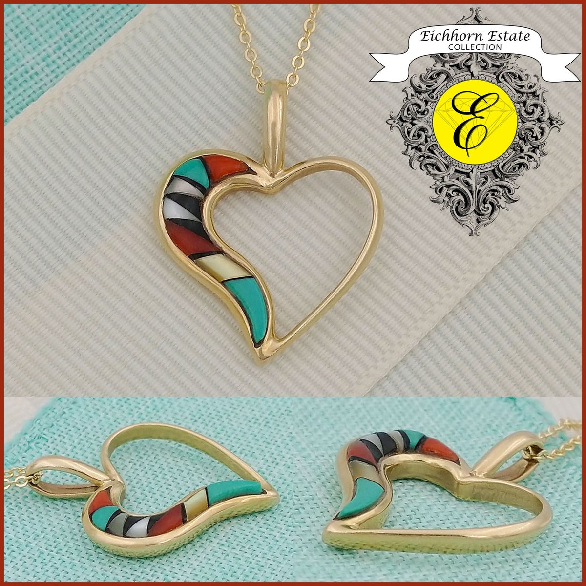 To Mom, with LOVE. 14K yellow gold Pendant with Inlay of Turquoise, Coral, and Mother-of-Pearl. From Our Estate Collection $350. Chain sold separately. eichhornjewelry.com/estate-collect… #estatejewelry #turquoisejewelry #coraljewelry #motherofpearljewelry #14kgoldjewelry