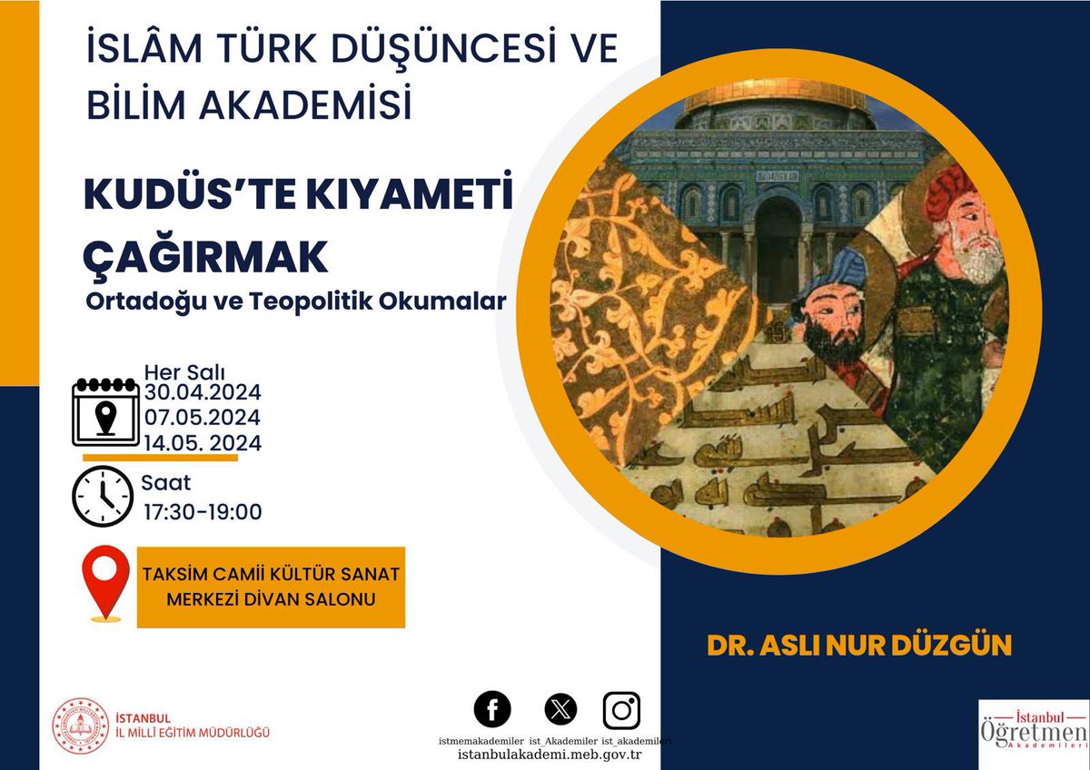 Öğretmen Akademileri olarak Taksim Camii Kültür ve Sanat Merkezi ev sahipliğinde gerçekleştireceğimiz 3 haftalık atölyemizin başvuruları devam ediyor. İlk ders 30 Nisan Salı saat 17:30’da. @tcmeb @istanbulilmem @MucahitYentur Başvuru için ⬇️⬇️⬇️⬇️ istanbulakademi.meb.gov.tr/SysOs110.php?p…