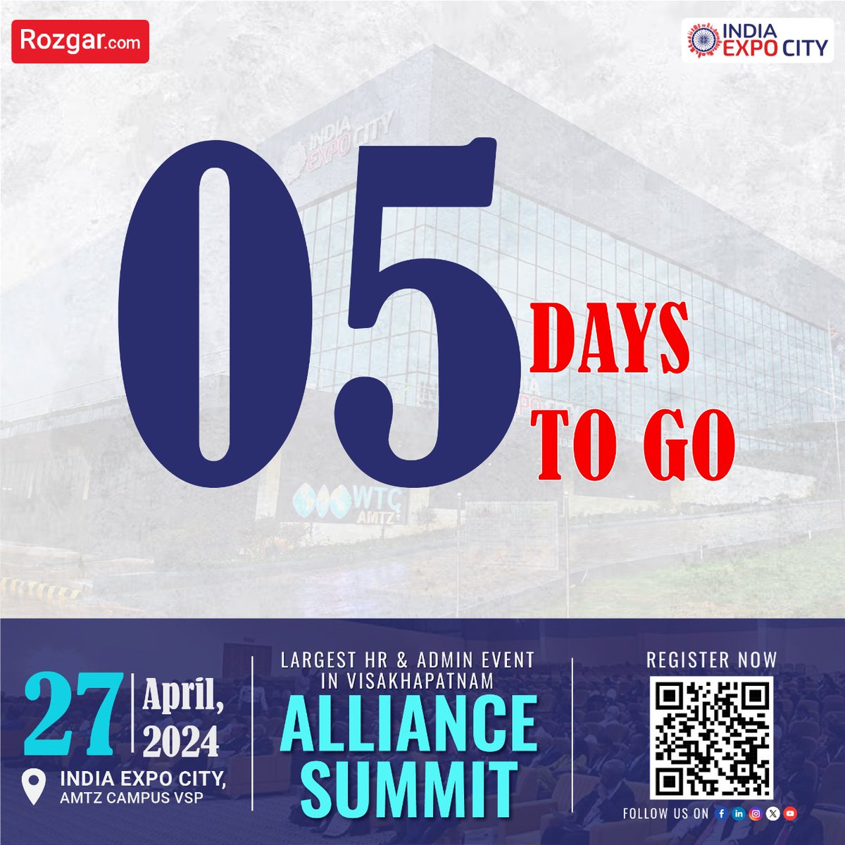 Only 5 days left until the #AllianceSummit! 🎉 
Don't miss out on this amazing #opportunity to connect, learn, and thrive. 🚀

Secure your spot today! - rozgar.com/alliance-summit

#indiaexpocity #iec #events #summit #vizag #visakhapatnam #business #networking #amtz #community
