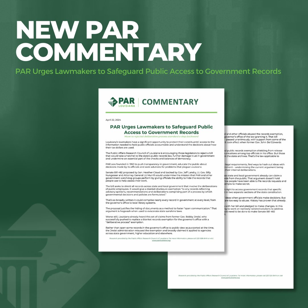 Louisiana's lawmakers have a significant opportunity to protect their constituents' access to the information needed to hold public officials accountable and understand the decisions about how their tax dollars are used. Read more here: parlouisiana.org/wp-content/upl… #lagov #lalege