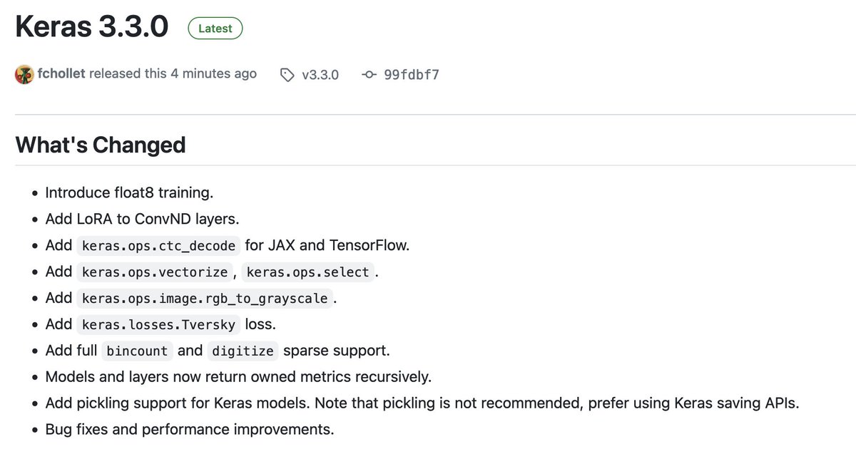 pip install keras --upgrade The new Keras 3.3.0 introduces float8 training, LoRA for convnets, and more.