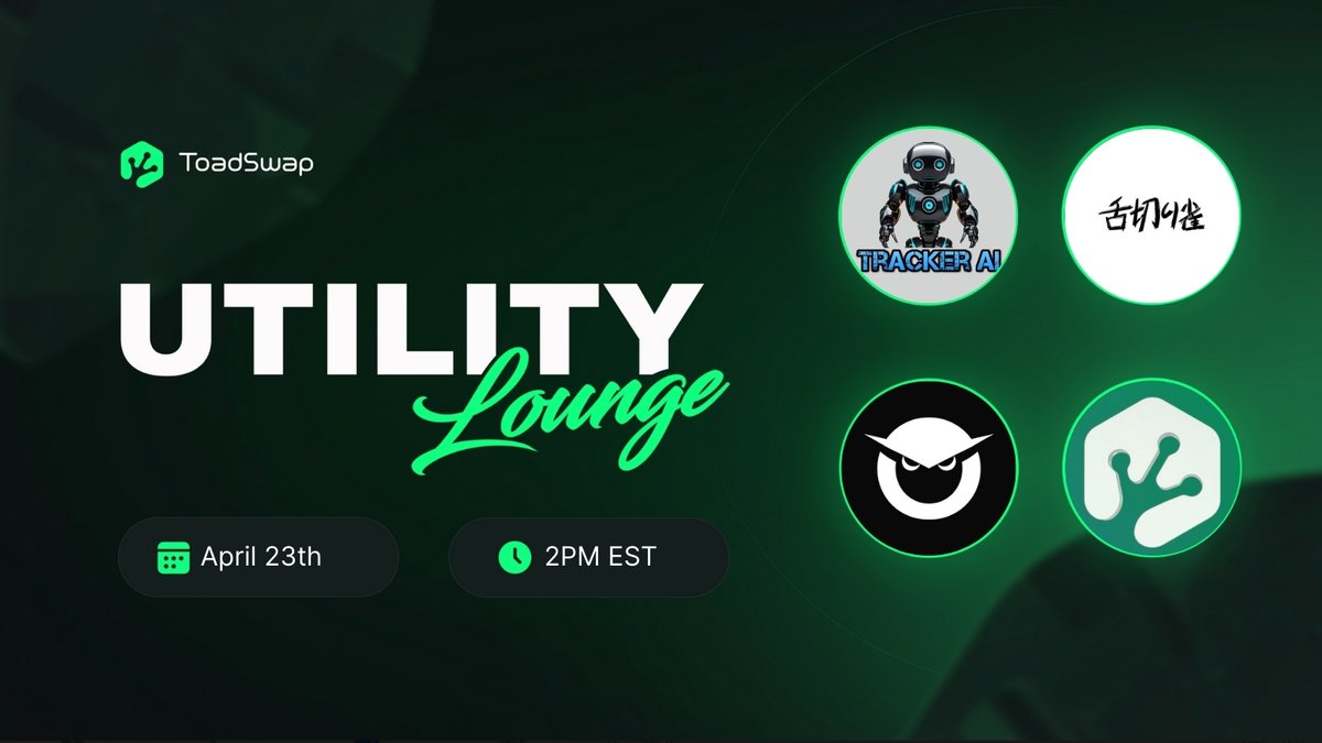🚀 Dive into the Future of Crypto! 🌐 Join our Utility Lounge this Tuesday, April 23rd, @ 2 PM EST. x.com/i/spaces/1YqJD… 🔊 Listen to: @TrackerAI_ERC, @marketvizapp, @s_shitakiri, @Toad_Swap 🎙 Hosted by: @accomplish777 💰$50 giveaway - To win: ✅ Like + RT ✅ Follow each