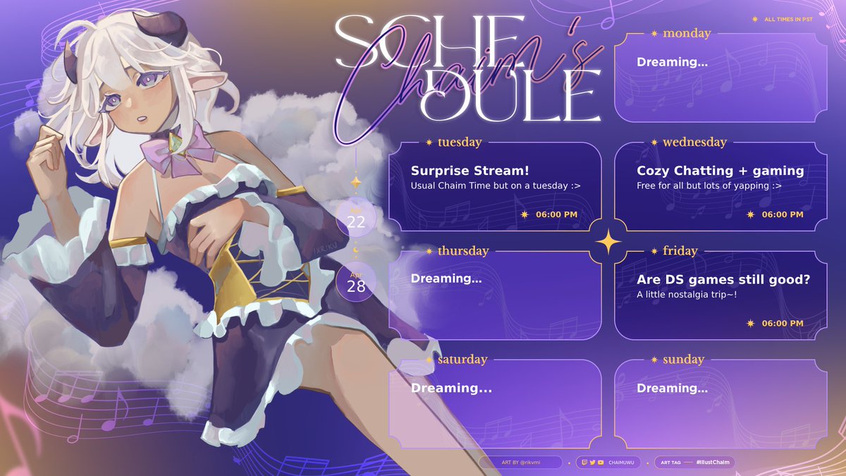 chaimuwu's tweet photo. ✧ Schedule for Apr 22 - Apr 28 ✧  

Little change of stream days this week! But keeping with 3 days as usual~ hope to see you in chat for some fun gaming!

https://t.co/HKowZHyaaG

—————✧—————
[ #ChaimTable #vtuber #ENvtuber ] https://t.co/kMiEkl6MsU