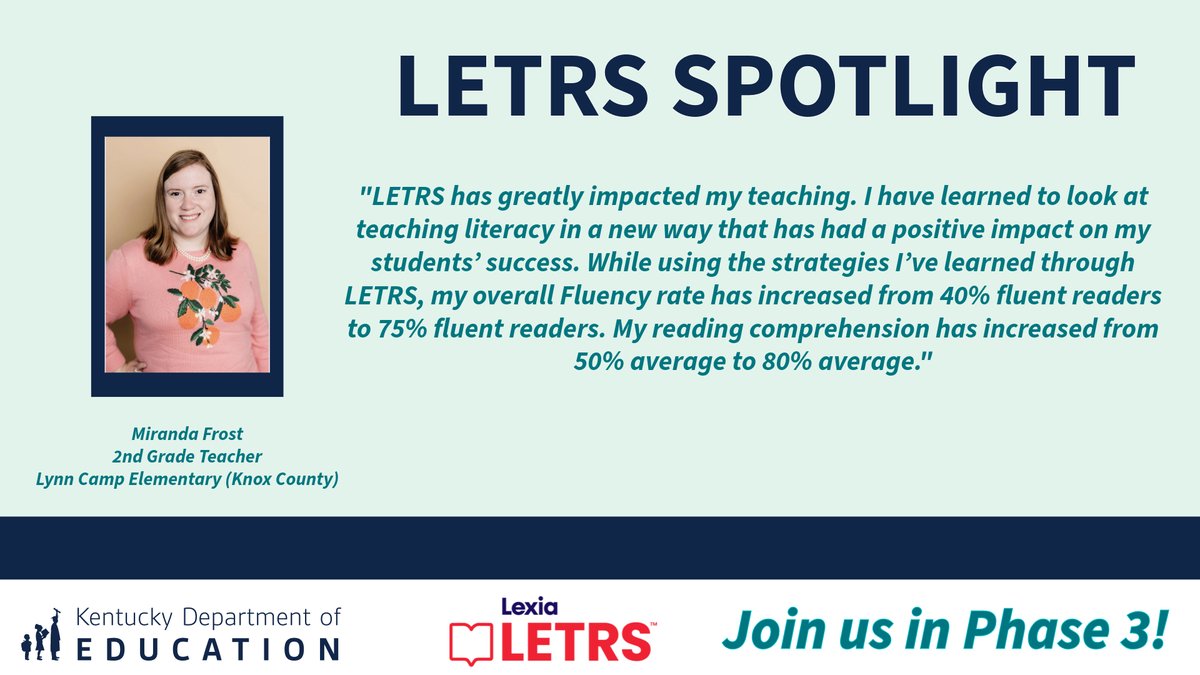 🆕Registration for Cohort 3 of the Kentucky Reading Academies LETRS Professional opens May 1. The Division of Early Literacy is highlighting educators participating to share the impact the program has had on their teaching and students’ learning. More: bit.ly/KentuckyReadin…