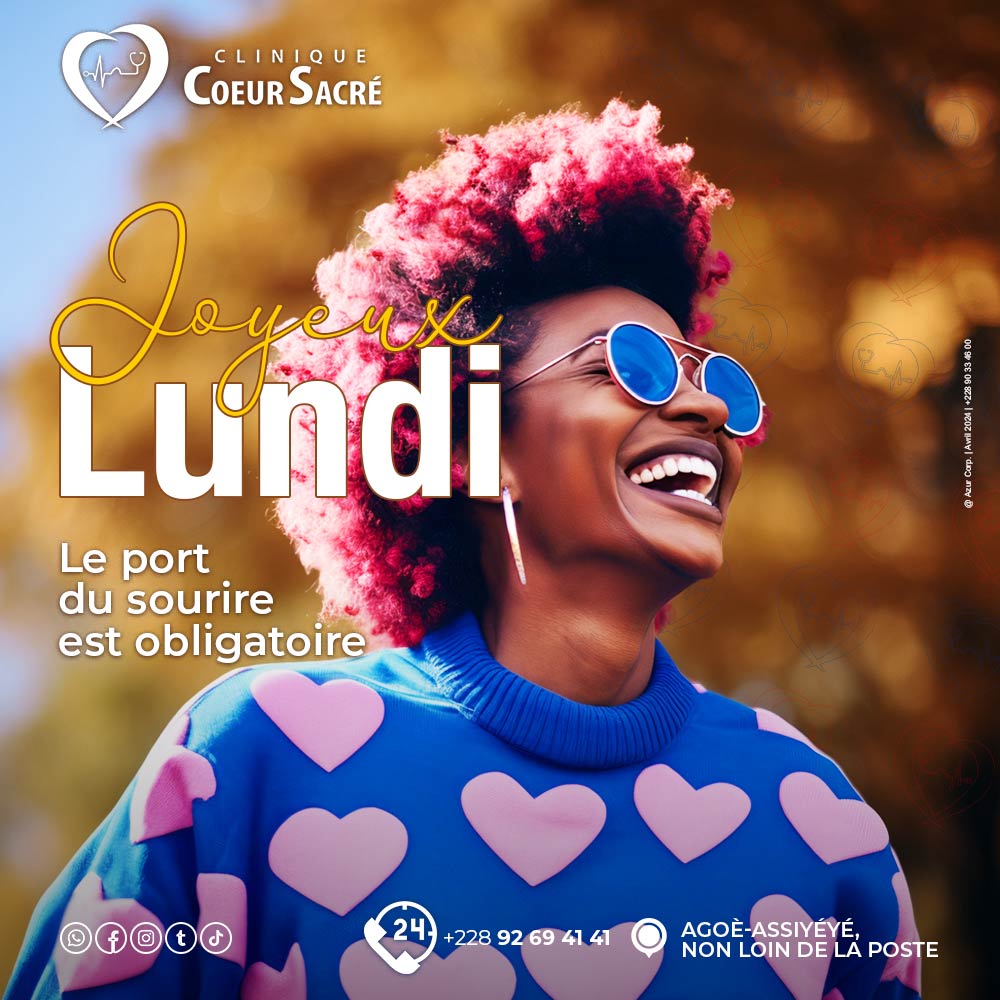 Alors, portez votre plus beau sourire aujourd'hui et laissez la joie illuminer votre journée. Que ce Lundi soit le début d'une semaine remplie de positivité, de bonne santé et de bonheur pour vous tous ! #JoyeuxLundi #Sourire #BienfaitsDuCoeur #CliniqueCoeurSacré