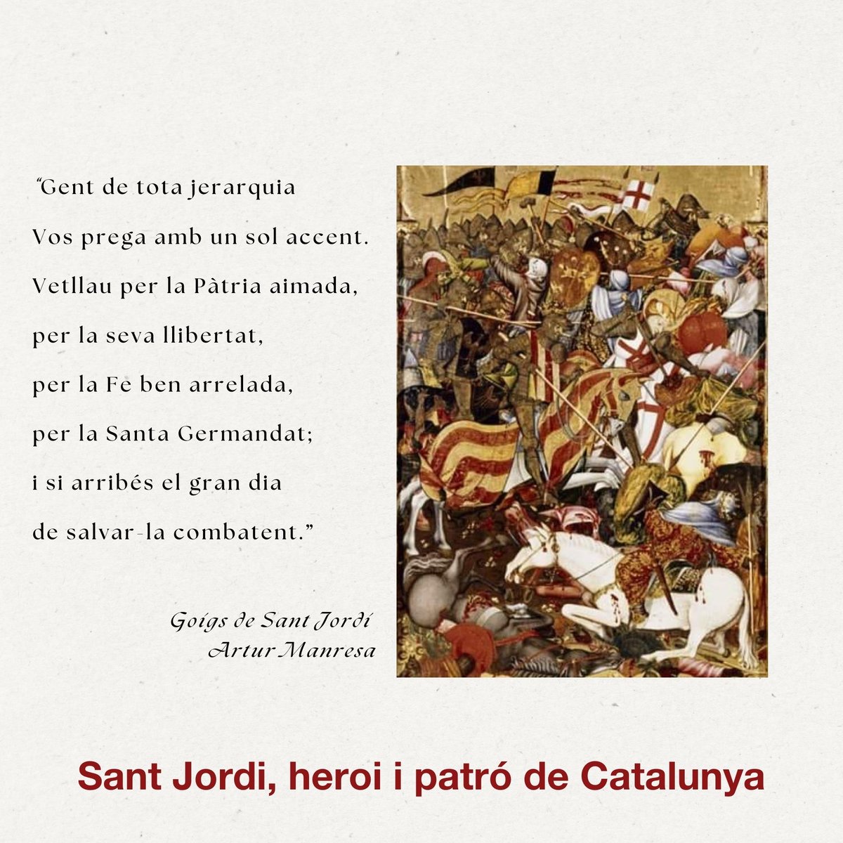 'La batalla del Puig'. El Retaule del Centenar de la Ploma, d'Andreu Marçal de Sax (ca. 1393-1410), està exposat al Museu Victoria & Albert de Londres. Representa la batalla prèvia a la conquesta de València en la qual, segons la tradició, #SantJordi ajudà les tropes de Jaume I.