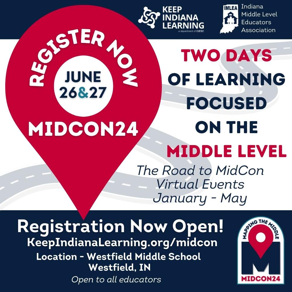 5th - 9th grade educators -- it's time to mark your calendar & purchase your ticket for #MidCon24! Two days of learning lead by @rickwormeli2 & @cultofpedagogy! You don't want to miss out! Learn more & register: KeepIndianaLearning.org/MidCon @IMLEAorg