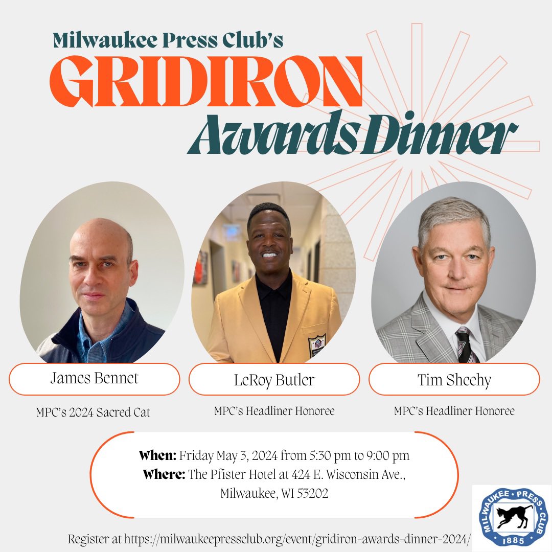 Just 5 days left to register for this year’s Gridiron Awards Dinner! Make sure to register by Friday, April 26 at milwaukeepressclub.org/event/gridiron…