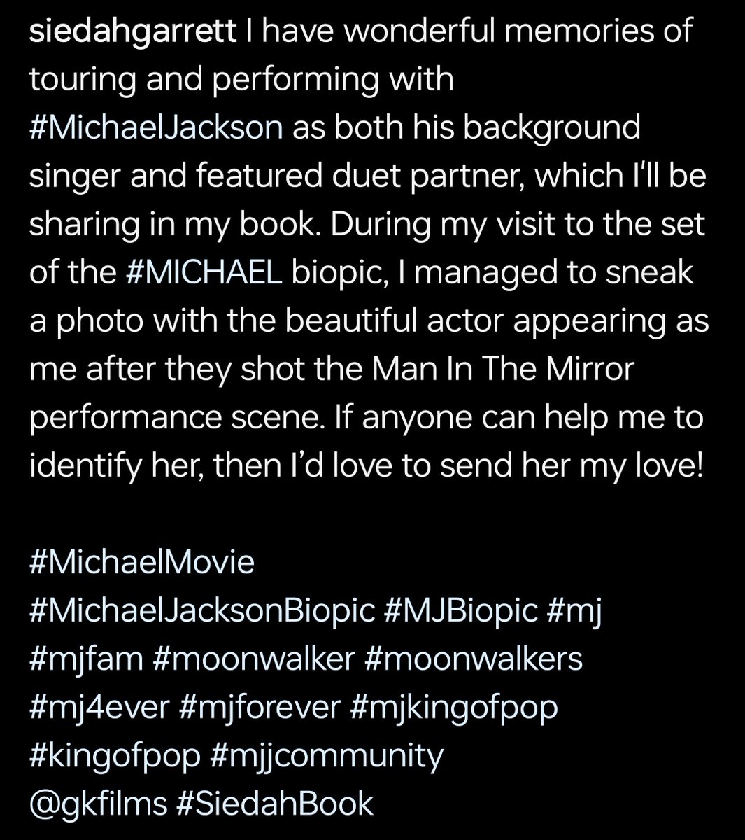 Siedah Garret's post in IG just now... Although there are no speaking or singing parts, she'd love to find the actress to send her some love ❤️ #MichaelMovie