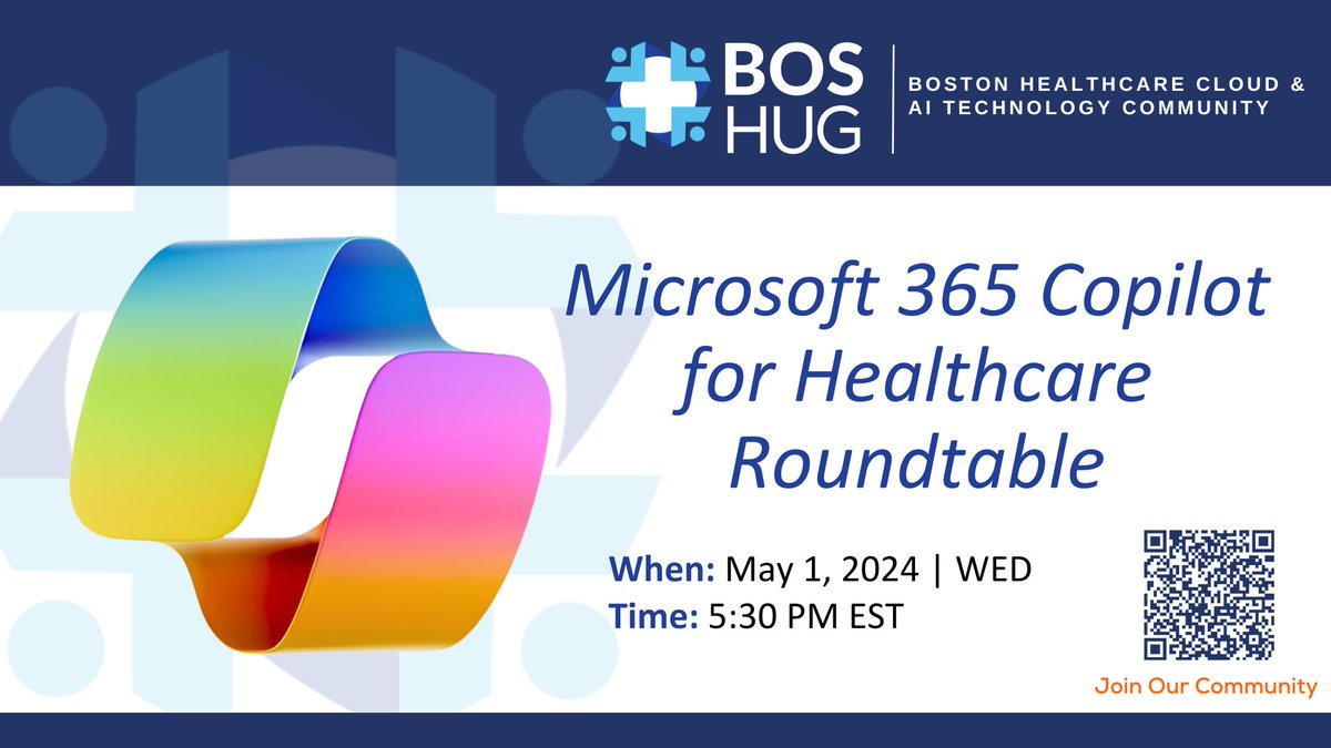 Join us for a Healthcare Roundtable at Microsoft Burlington on May 1st, 5:30 PM! 

Discover how Microsoft 365 Copilot can transform your healthcare administration from scheduling to compliance.

meetup.com/healthcare-tec…

#Boston #Healthcare #AI #CopilotforM365 #HCLDR #Microsoft