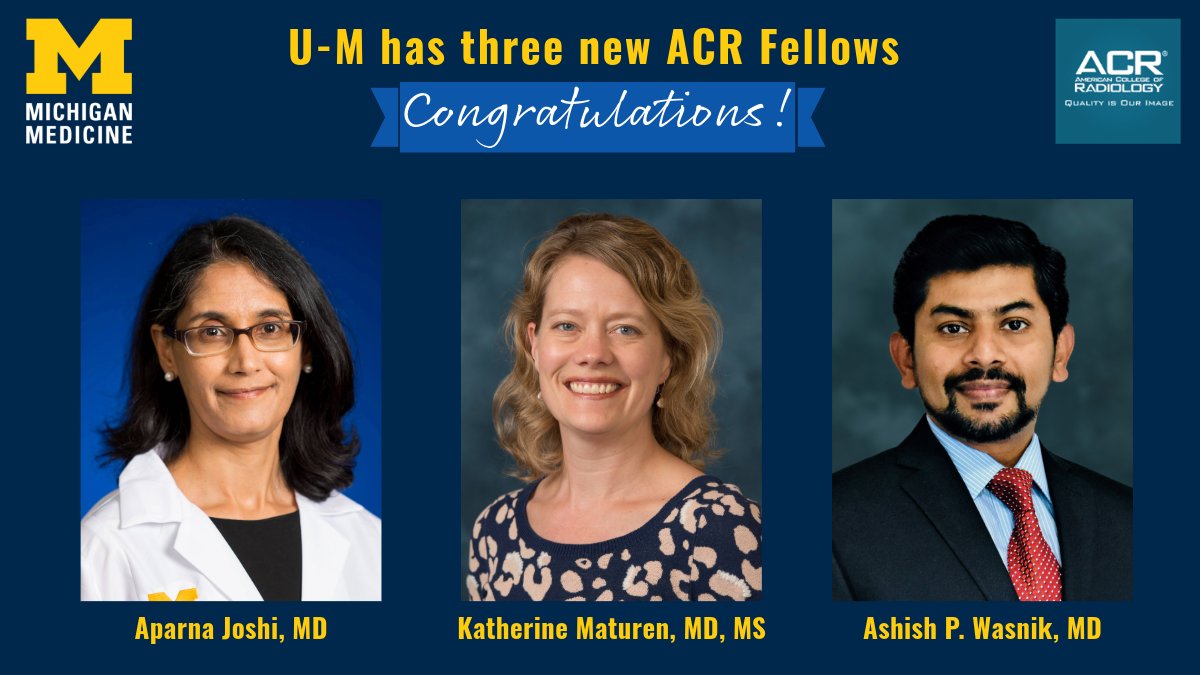 Congratulations! Aparna Joshi, MD @AparnaJoshiMD, Katherine Maturen, MD @KateMaturen and Ashish Wasnik, MD @drashish_w awarded fellowship in @RadiologyACR. acr.org/Member-Resourc… medicine.umich.edu/dept/radiology… medicine.umich.edu/dept/radiology… medicine.umich.edu/dept/radiology…