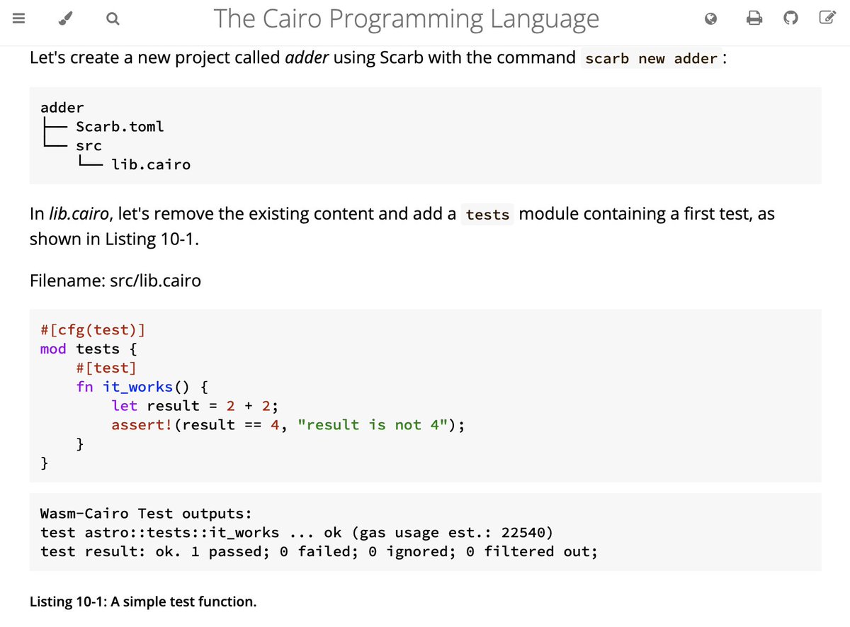 WASM-Cairo has released v0.8.8! A breaking change: Now you can test Cairo code in the browser! Just like this: book.cairo-lang.org/ch10-01-how-to…