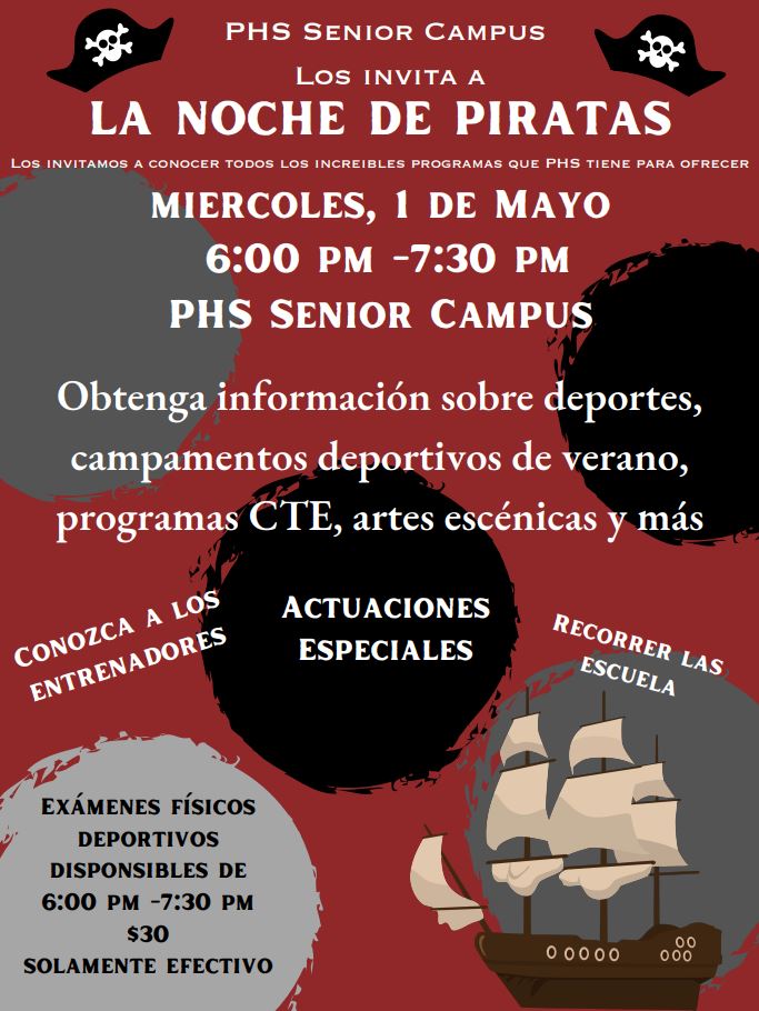 🏴‍☠️ Attention Pirates! Join us at PHS Senior Campus for the Future Pirate Showcase on May 1st, 6:00-7:30 PM. Come learn about our amazing high school sports, summer camps, CTE programs, and performing arts.🏀🎭

P.S. - Sports physicals will also be available during the event.