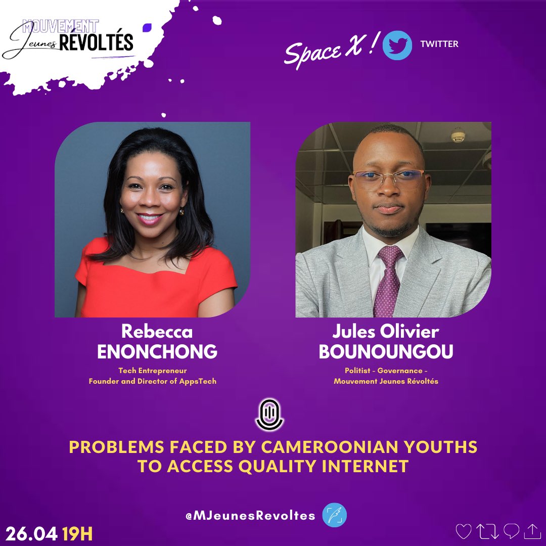 Join us this Friday at 7pm, together with @africatechie to talk about Problems faced by Cameroonian youths to access quality internet.