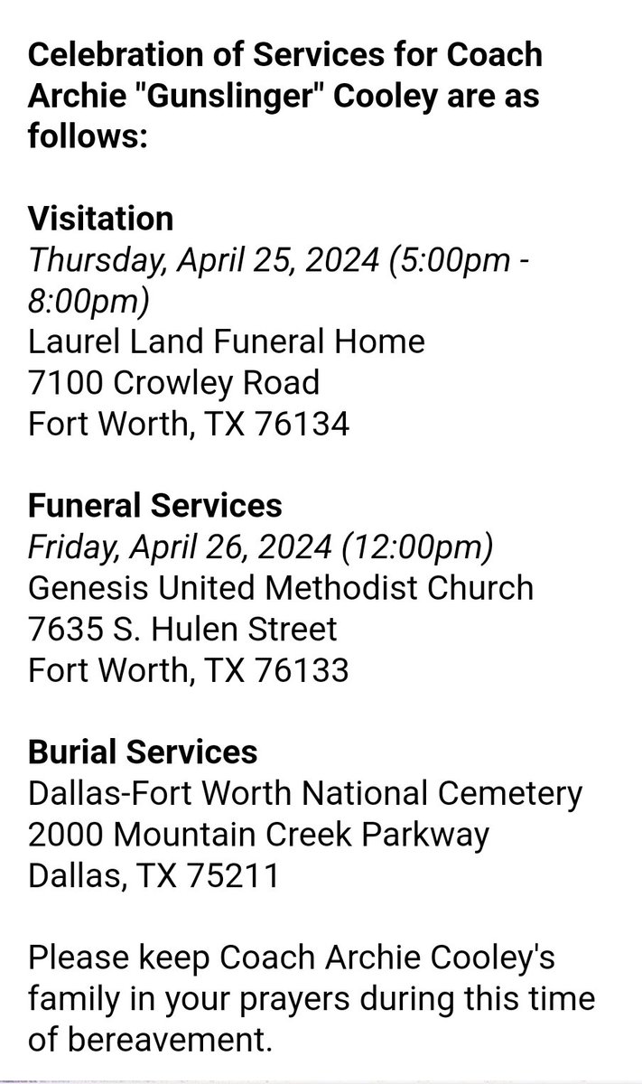 Here is the info for the services for Archie Cooley 

(Click here --> bit.ly/3Rn2ZAS to help #eleVateVState)

#MVSU #HBCU #HBCUs #HBCUsMatter #VALLEYInMotion #HailToThee #VALLEYOfScholars #WhyNotVALLEY #VALLEYOfLegends #Devilettes #DeltaDevils #ArchieCooley