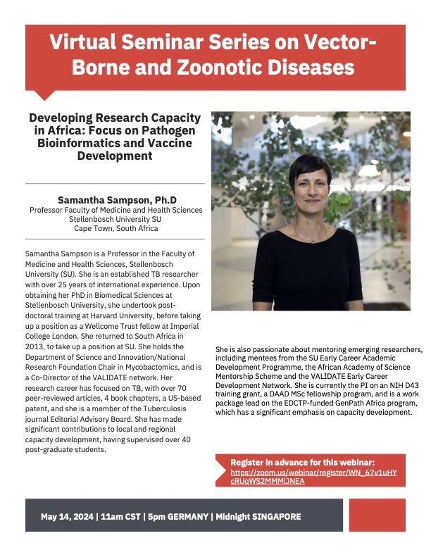 Looking forward welcoming you on May 14 for Dr Sampson's webinar 'Developing Research Capacity in Africa: Focus on Pathogen Bioinformatics and Vaccine Development'. Register zoom.us/webinar/regist… @ASTMH @CREID_Network @create_neo @Virology_FAMERP @sbviro @ihii_utmb @UTMBProvost