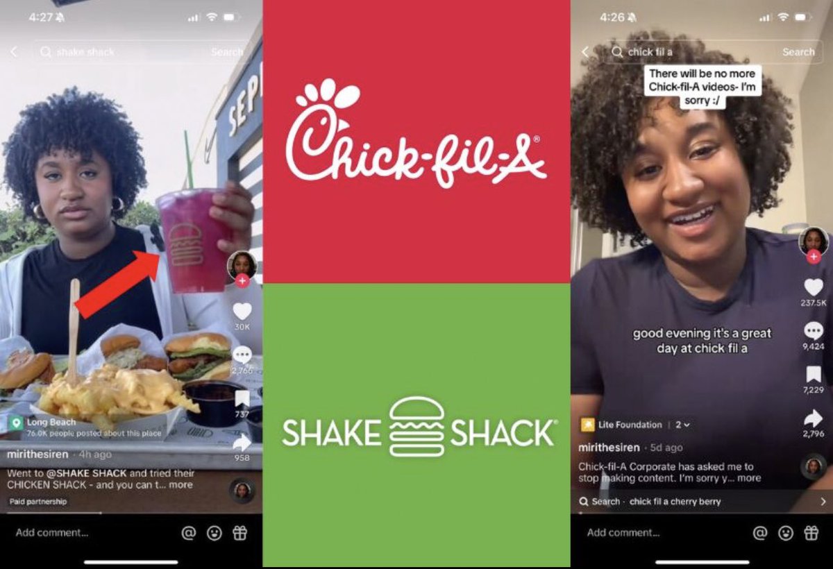 My level of petty! Miri cultivated a large following on TikTok by reviewing @ChickfilA items on her lunch break using her discount. Chick-fil-A sent her a cease and desist so @shakeshack stepped in with a brand deal. 

“Probably the best chicken sandwich I had in my life.” 😂😂