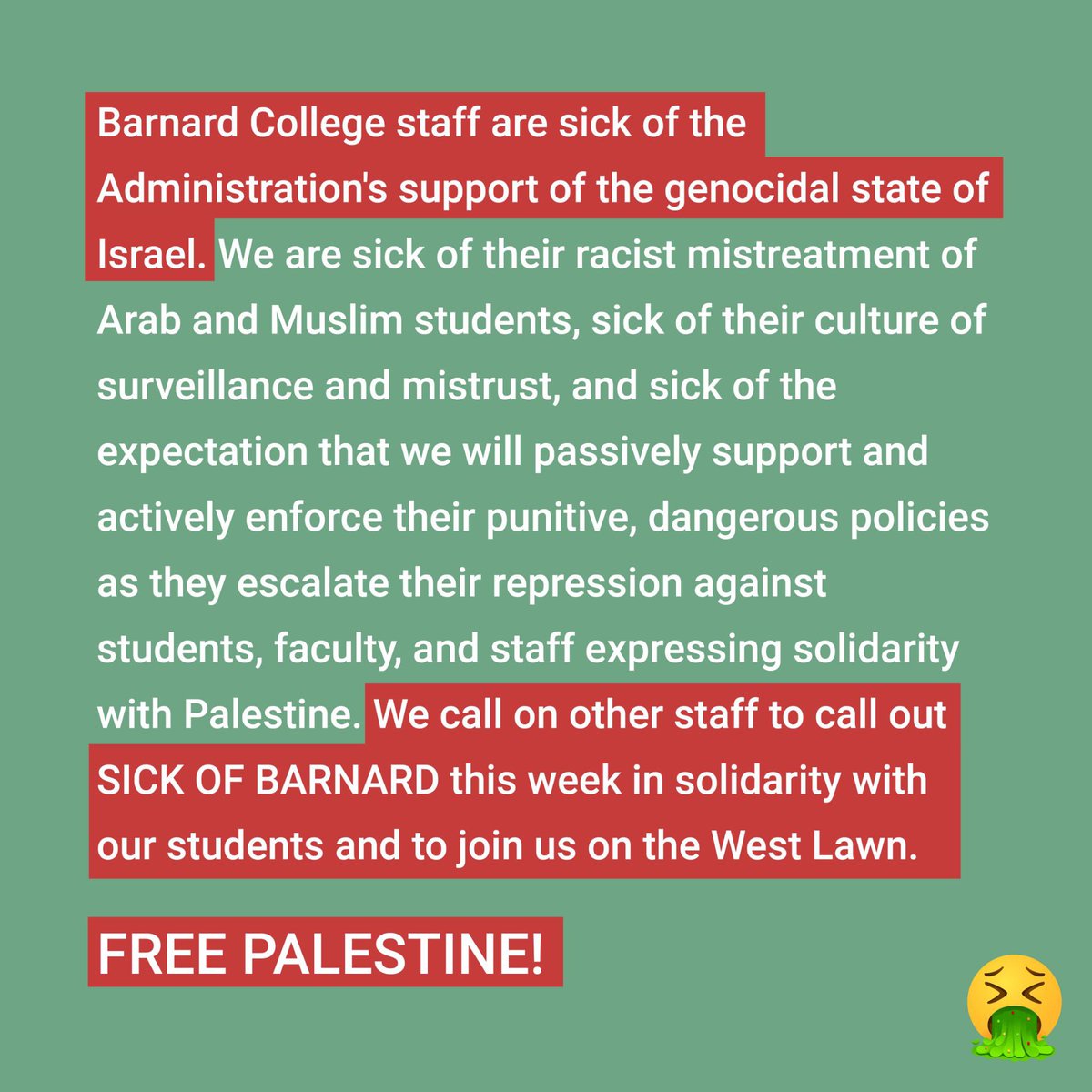 🚨🚨🚨 Breaking: a group of @BarnardCollege staff announce three day sick-out in solidarity with students disciplined by the Barnard administration, call on staff across campuses to join them 🚨🚨🚨 Full statement here: cryptpad.fr/pad/#/2/pad/vi…