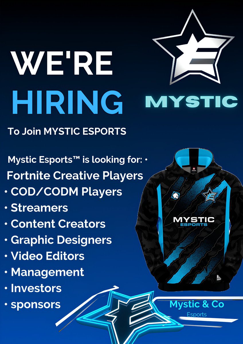 MysticEsportsOP's tweet image. Mystic Esports™  is looking for:

• Fortnite Comp/Creative Players
• Brawl Stars Players
• Clash Players
• COD/CODM Players
• Streamers
• Content Creators 
• Graphic Designers
• Video Editors
• Management
• Investors

RT + Reply with what you are! #StayMystic ⚔️
