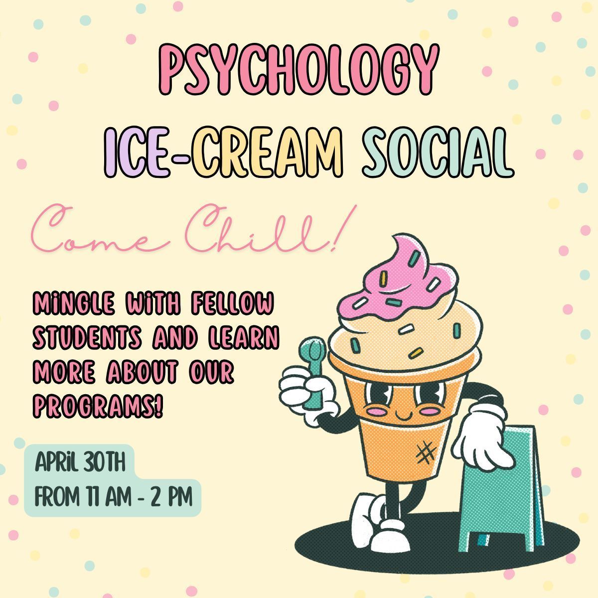 Join us on April 30th for our Psychology Ice Cream Social! Mingle with fellow students, learn about our programs, and ask questions while enjoying a tasty treat 🍦🌞 We hope to see you there! 🌸