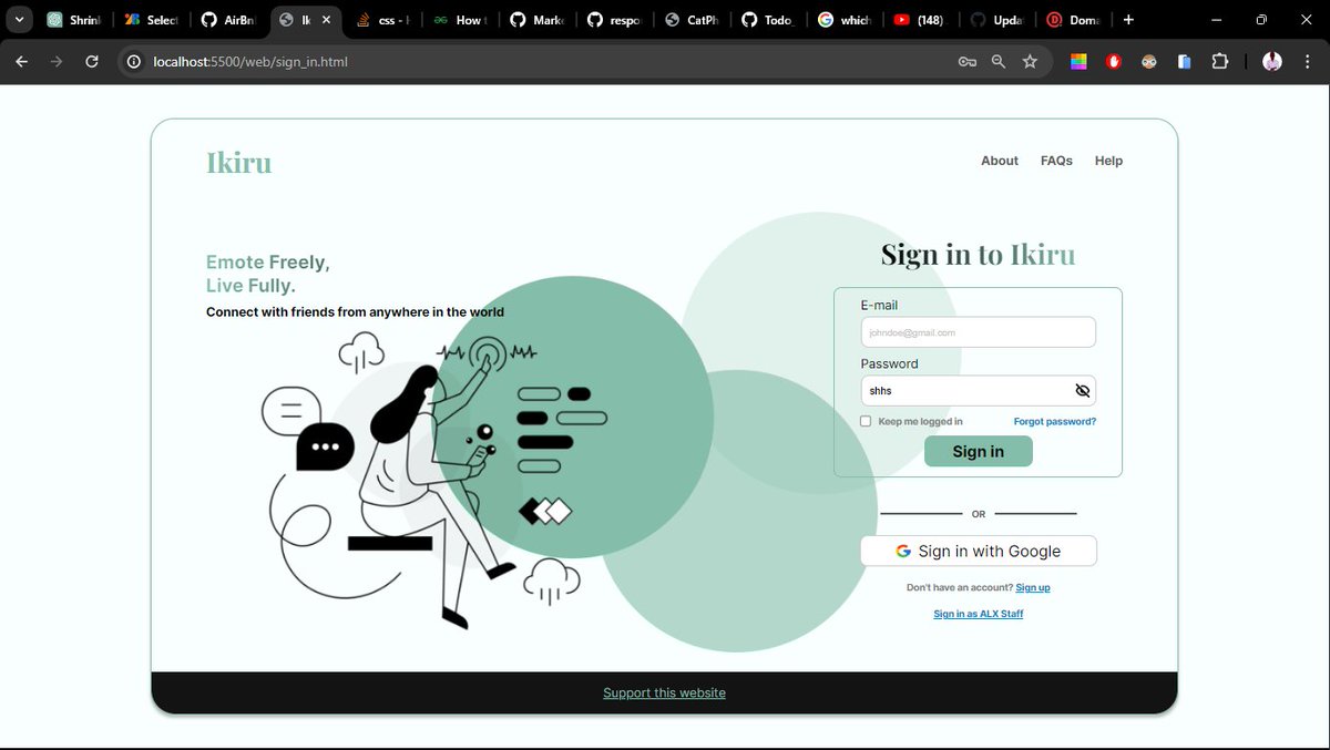 Sign-in and Sign-up pages done for Ikiru. Working on the frontend now while my other teammates get the APIs done. We already finished writing the data models, MySQL database and their unittests. #ALX_SE