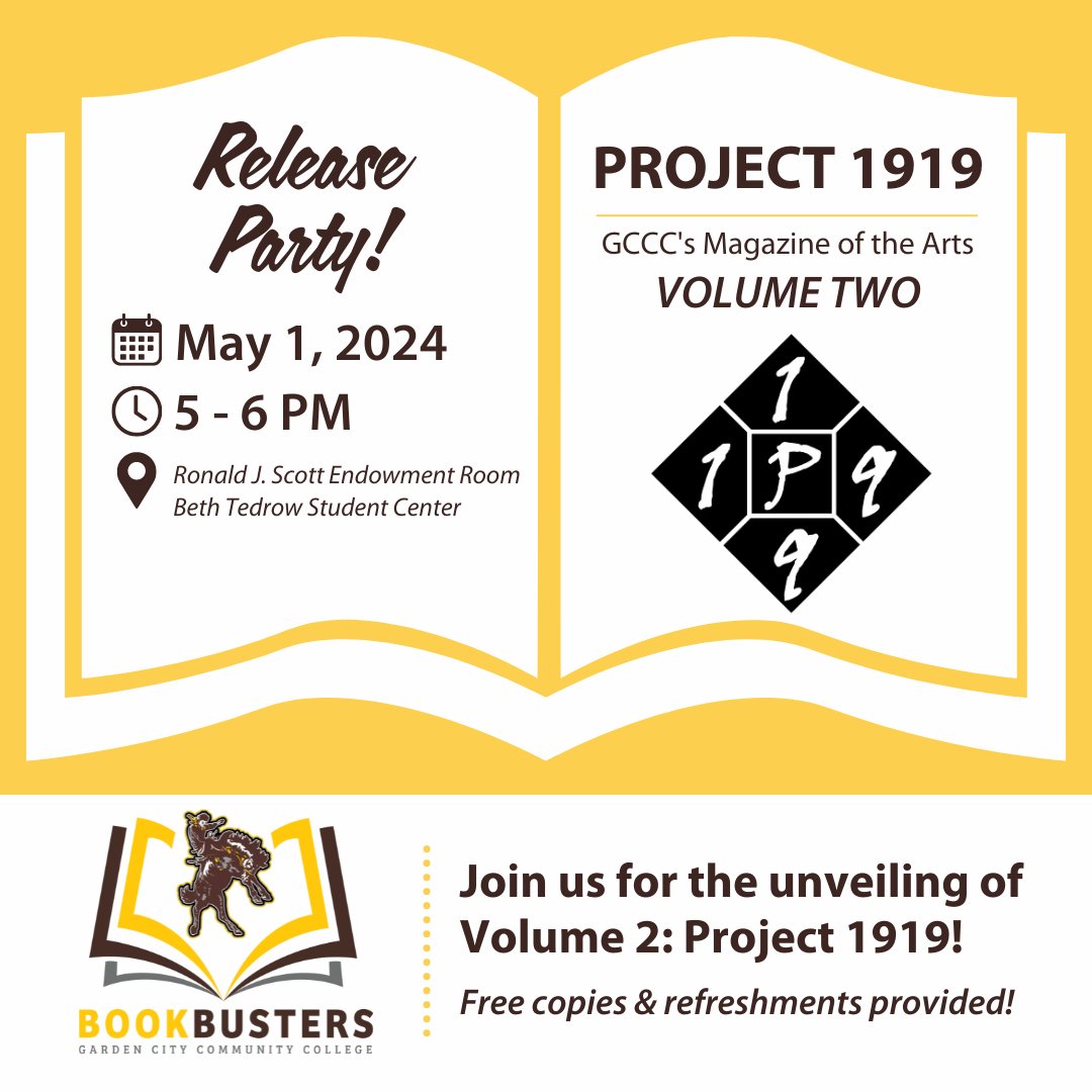 The GCCC Bookbusters club will host a release party for volume two of Project 1919: GCCC’s Magazine of the Arts on Wednesday, May 1st at 5 PM in the Ronald J. Scott Endowment Room inside the Beth Tedrow Student Center at GCCC. Learn more: ow.ly/NUzr50RlvqV