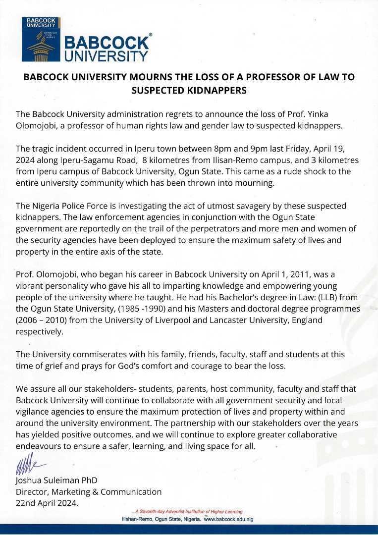 Babcock_Univ's tweet photo. BABCOCK UNIVERSITY MOURNS THE LOSS OF A PROFESSOR OF LAW TO SUSPECTED KIDNAPPERS https://t.co/JmWOz7UyQh