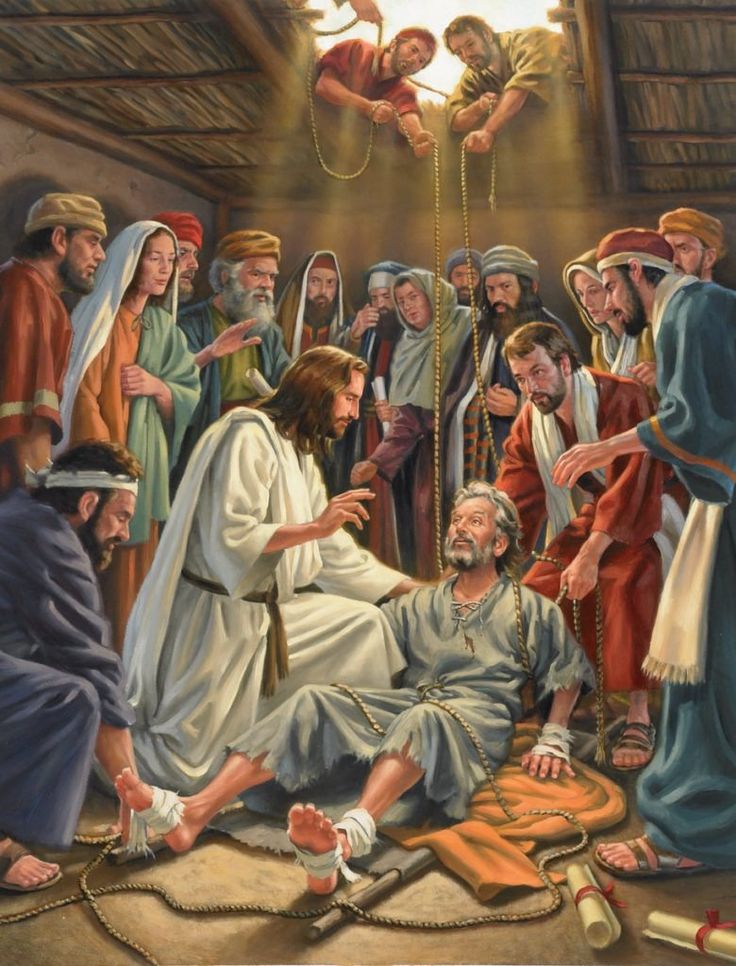 Jesus Forgives and Heals a Paralyzed Man 

2 A few days later, when Jesus again entered Capernaum, the people heard that he had come home. 2 They gathered in such large numbers that there was no room left, not even outside the door, and he preached the word to them. 3 Some men…