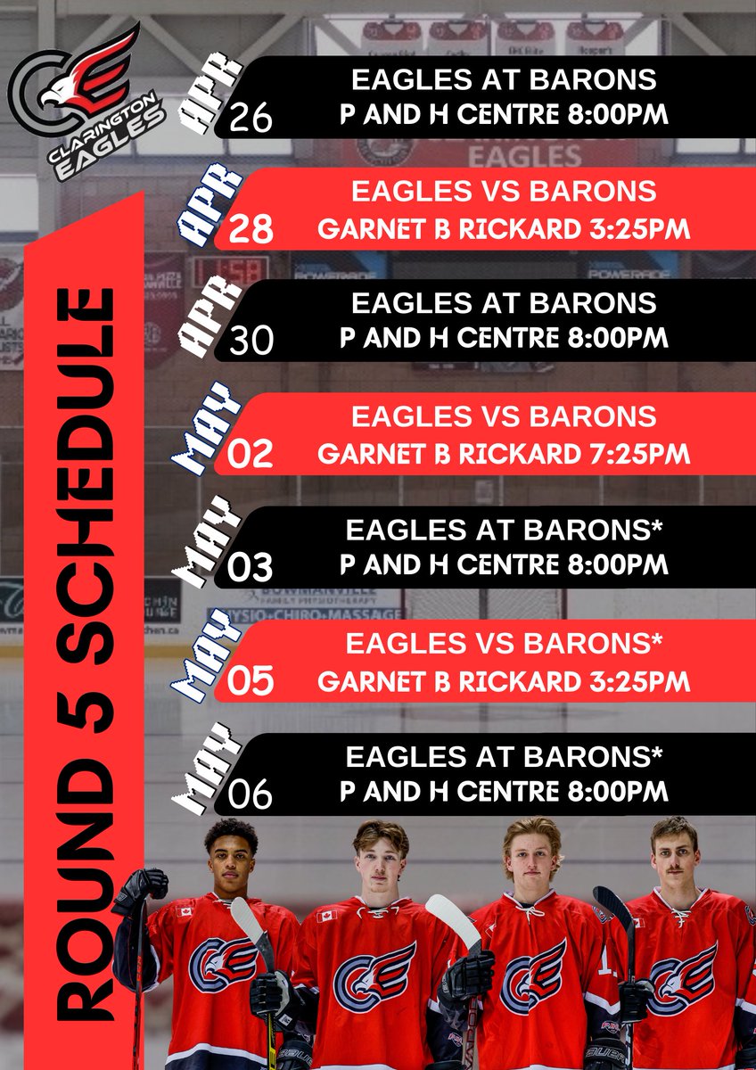 Eagles vs Barons

Round 5 Playoff Schedule.

Please Note that we start off on the Road this Friday so there is no Home Game this Thursday.