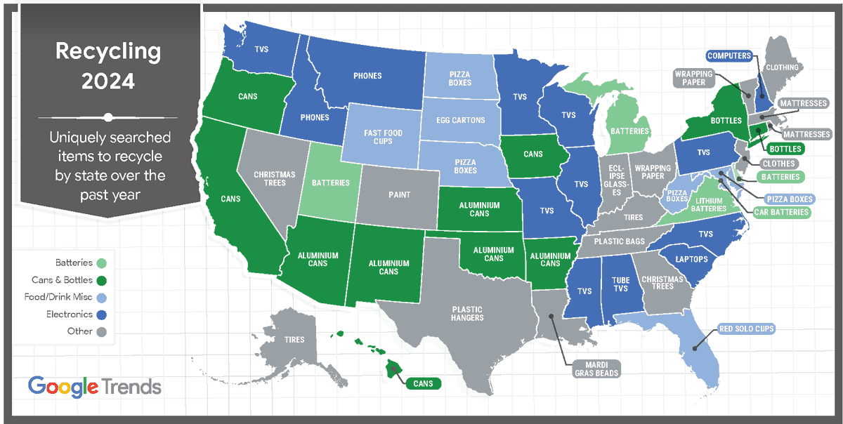 Reduce, reuse, and properly dispose of your recyclables♻️🌍. Check out this year's most uniquely searched recycled items across the states, including Eclipse glasses in Indiana and Mardi Gras beads in Louisiana Happy Earth Day!