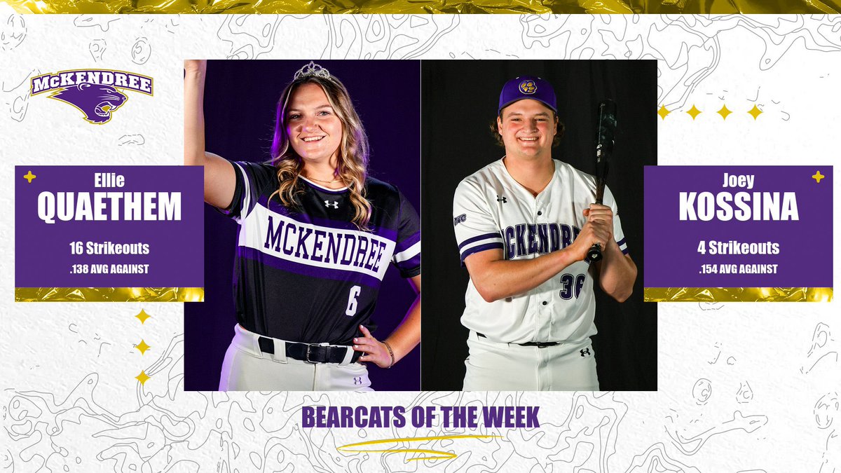 🏆 🐾 Congratulations to this weeks Bearcats of the week❕ @McKendreeSB Ellie Quaethem @McKendree_BSBL Joey Kossina 🥎 Quaethem went 2-0 and led the Bearcats with 16 strikeouts and had a shutout victory ⚾️ Kossina secured a victory and struck out 4 batters #BearcatsUnleashed