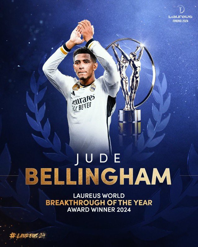 🚨 OFFICIEL ! Jude Bellingham remporte le trophée Laureus de la révélation sportive de l'année 2024 ! 🏴󠁧󠁢󠁥󠁮󠁧󠁿🎖️ 📸 @LaureusSport