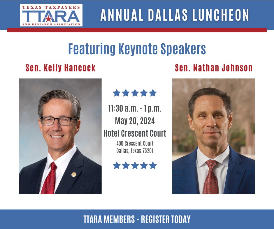 We invite TTARA members to join us for our annual Dallas/Ft. Worth area luncheon on May 20 at the Hotel Crescent Court. We are honored to have Sens. <a href="/KHancock4TX/">Kelly Hancock</a> and <a href="/NathanForTexas/">Nathan Johnson</a> as keynote speakers. Find registration and details here: eventbrite.com/e/ttara-dallas…