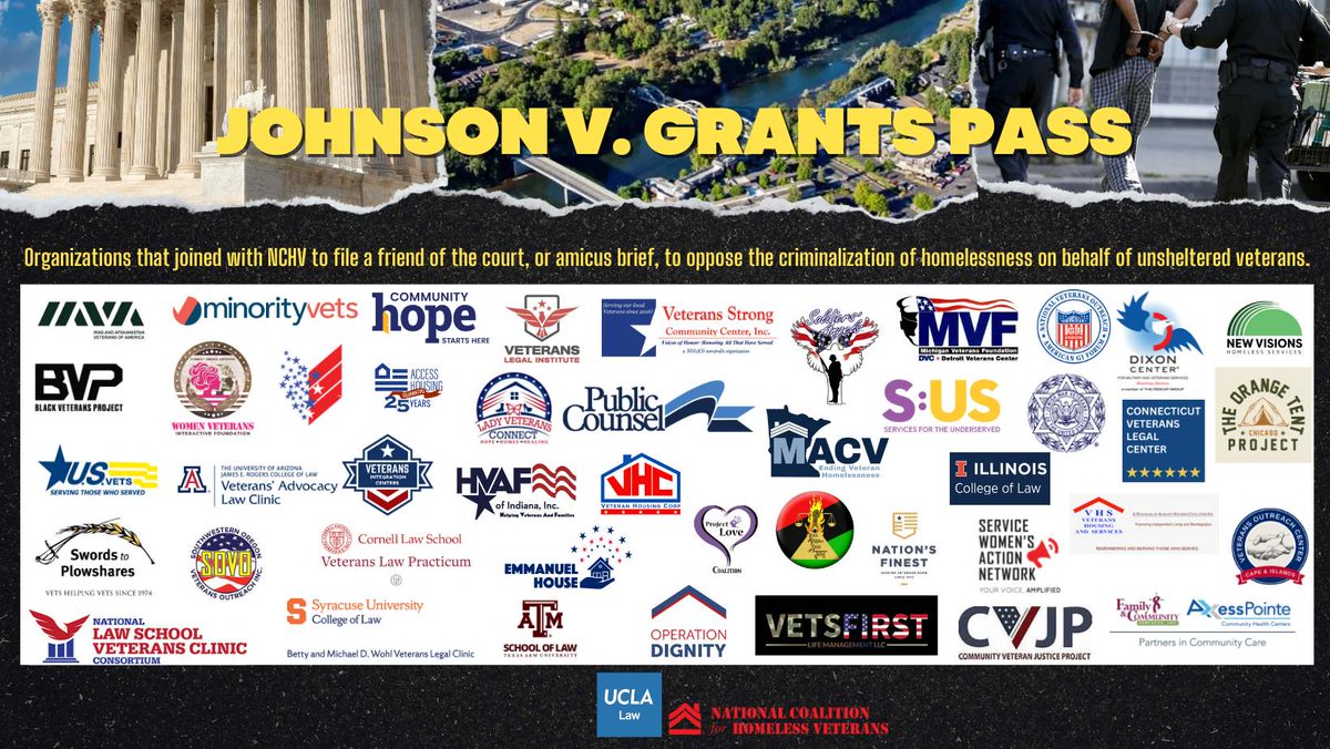 Arrests and fines don't solve homelessness - they extend it. As #SCOTUS hears arguments on #JohnsonVGrantsPass, Swords is proud to join 43 other orgs led by @NCHVOrg and @UCLA_Law's Veterans Clinic in advocating for the rights of unhoused vets: drive.google.com/file/d/1vwnRug…