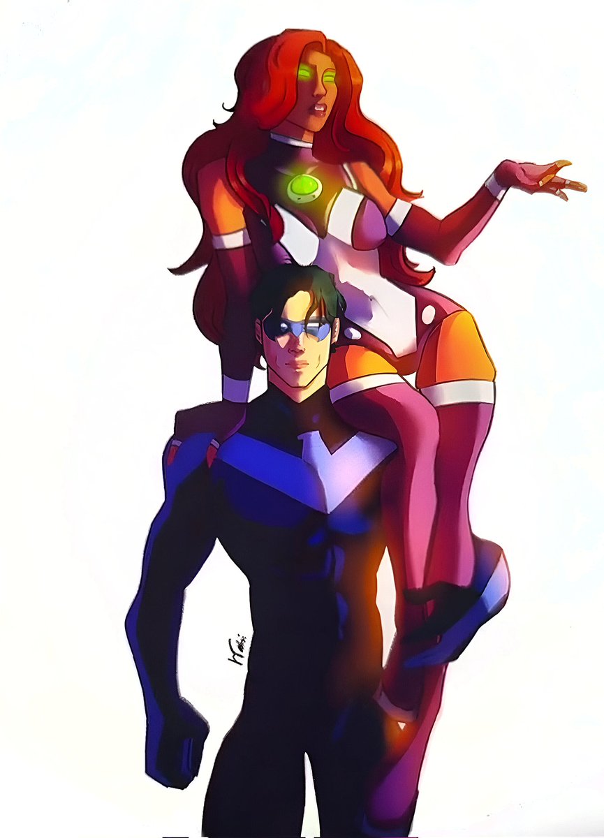 Nightwing and Starfire art by miguelohara.  #dickkory