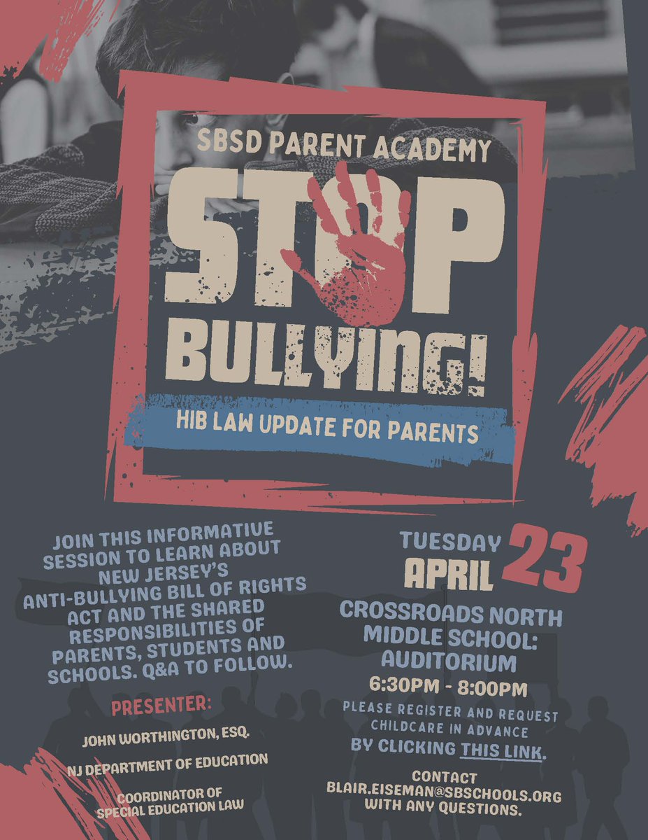 Still time to register for this very informative Parent Academy re the HIB Law Update for Parents taking place tomorrow, April 23rd at 6:30 p.m. in the Crossroads North auditorium.  To register:  docs.google.com/forms/d/e/1FAI… #sbpdchat @SSfeder @noyi @BlairEiseman @SoBrunswickPD