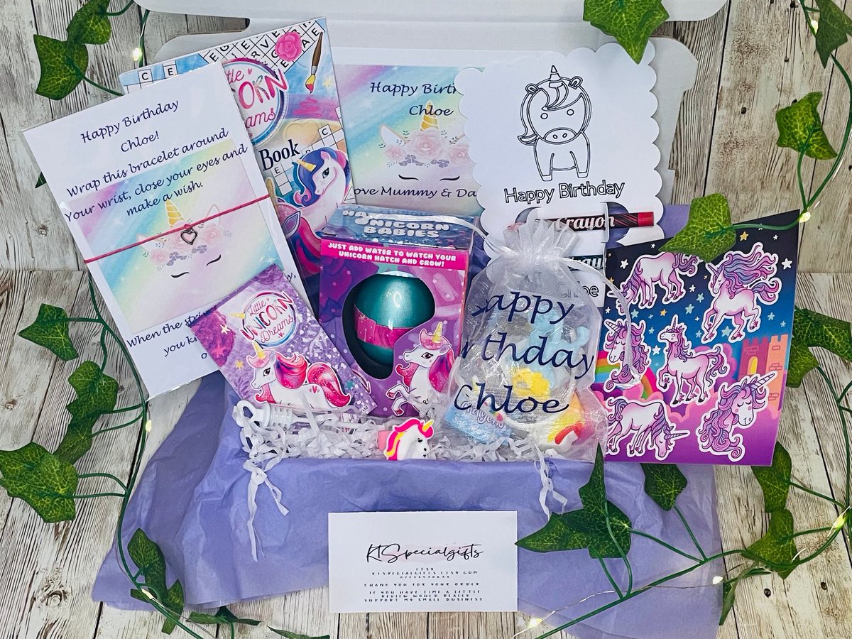 Lovely Unicorn gift box, filled with personalised gifts, colouring and activities. Birthday, get well soon, well done.. ktspecialgifts.etsy.com/listing/101501… #unicorn #unicorngift #giftforgirls #etsy #personalisedgifts #unicorncolouring #birthday #girlsgifts