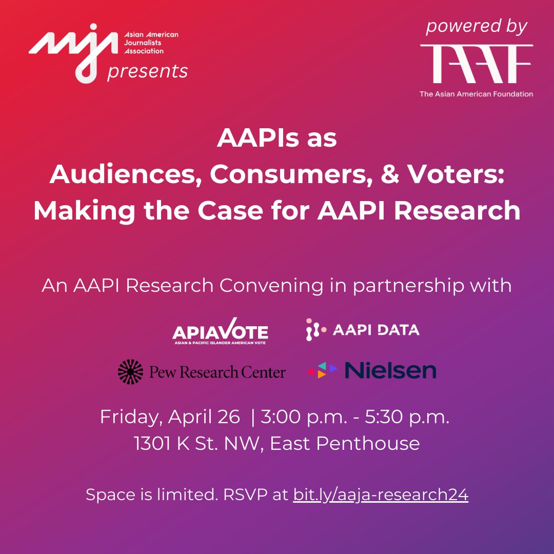 🗓️ AAJA is excited to gather our partners @APIAVote, @AAPIData, @nielsen, @pewresearch & other allied orgs on Friday, April 26 to preview the findings of our original research powered by @taaforg on newsroom leadership experience & media and democracy. bit.ly/aaja-research24