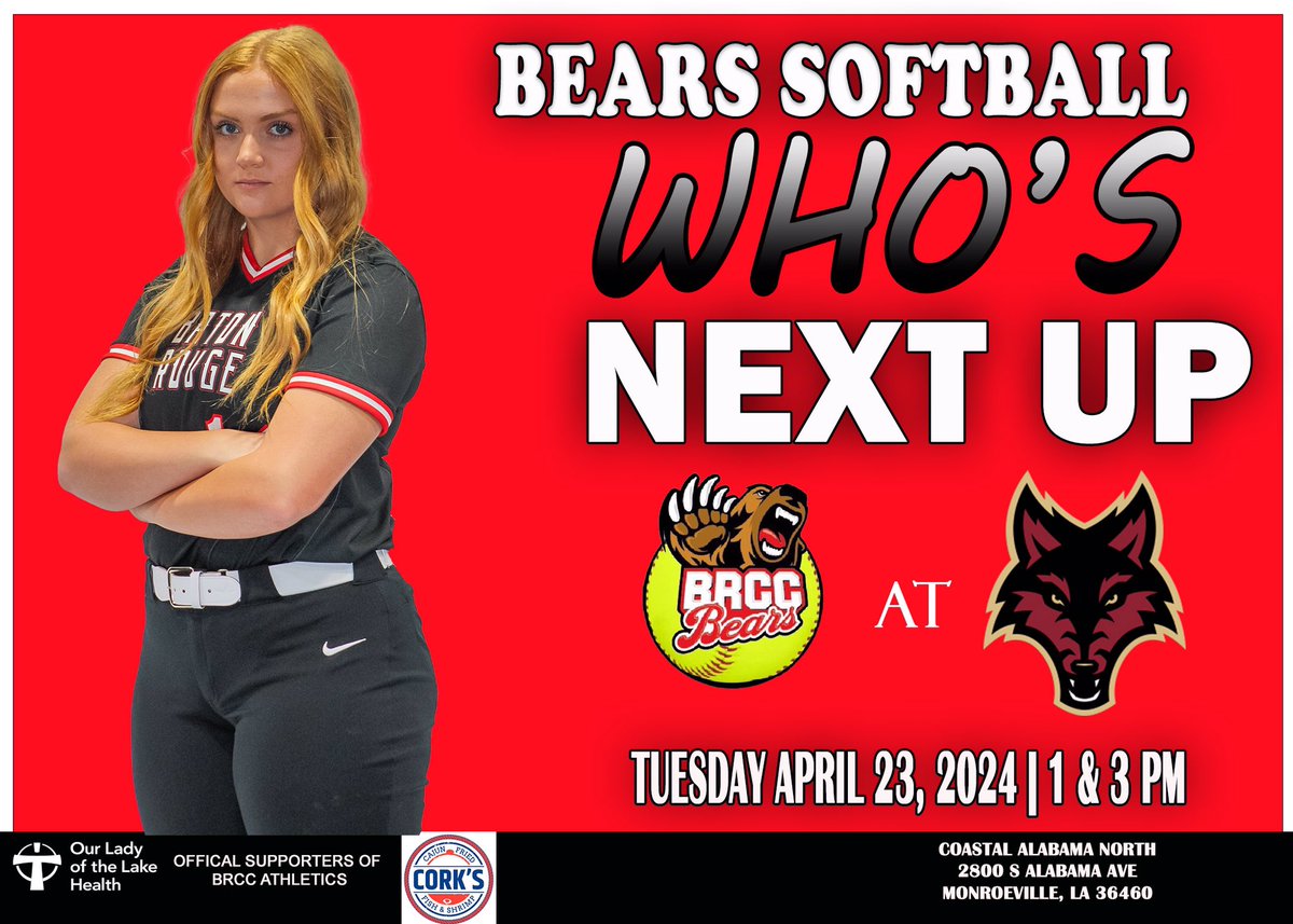 The Bears Softball team will travel to Monroeville, Alabama tomorrow Tuesday April 23, 2024 to take on the Coastal Alabama North Coyotes in a doubleheader starting at 1 pm. Preview article at brccathletics.com/landing/index #clawsup