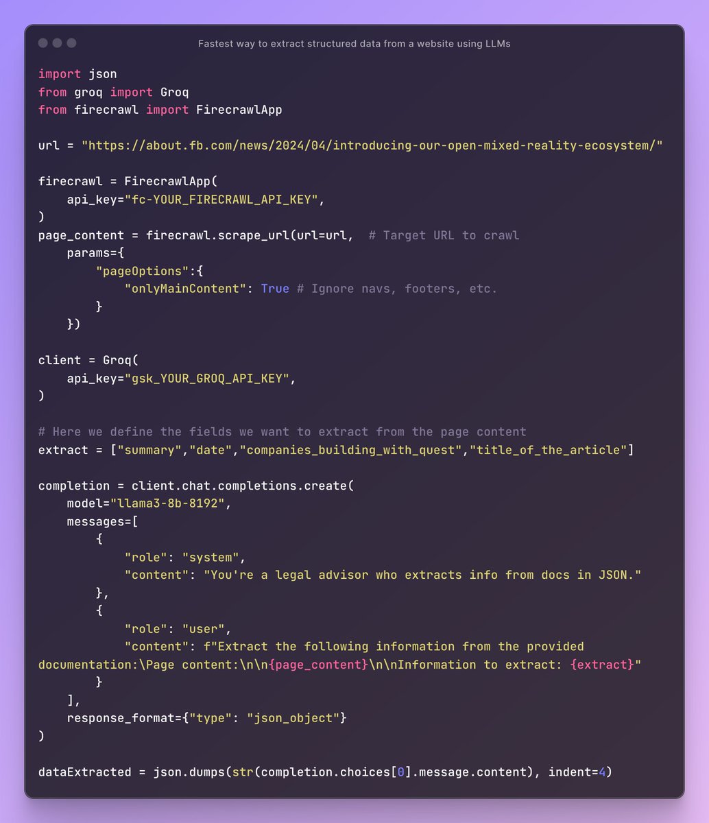 This has to be the fastest (and easiest) way to extract data from a web page using LLMs ⚡️

Think about the uses for agents, bdr tech, BI, model training. Endless possibilities 🤯

Here is how you to use Llama 3 on @groq and Firecrawl to extract structured data from the web 👇