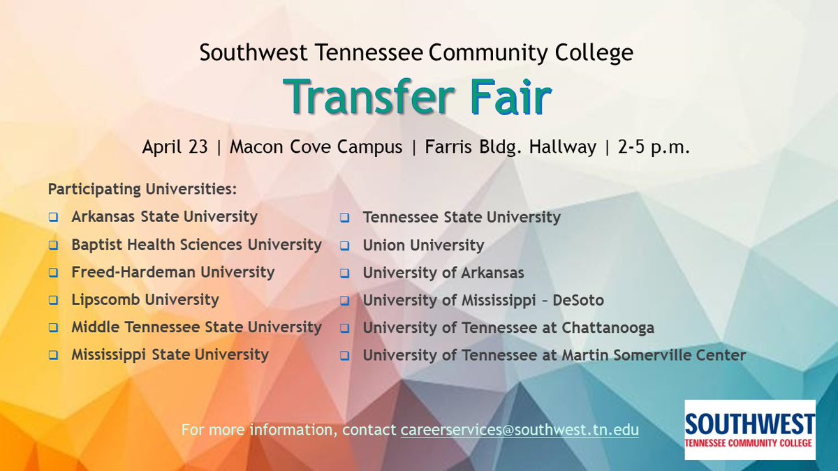 Transfer Fair for Southwest Spring Graduates on April 23rd!  Stop by the Farris building hall anytime between 2-5 p.m.  Meet with university representatives to learn about transfer scholarships and opportunities!