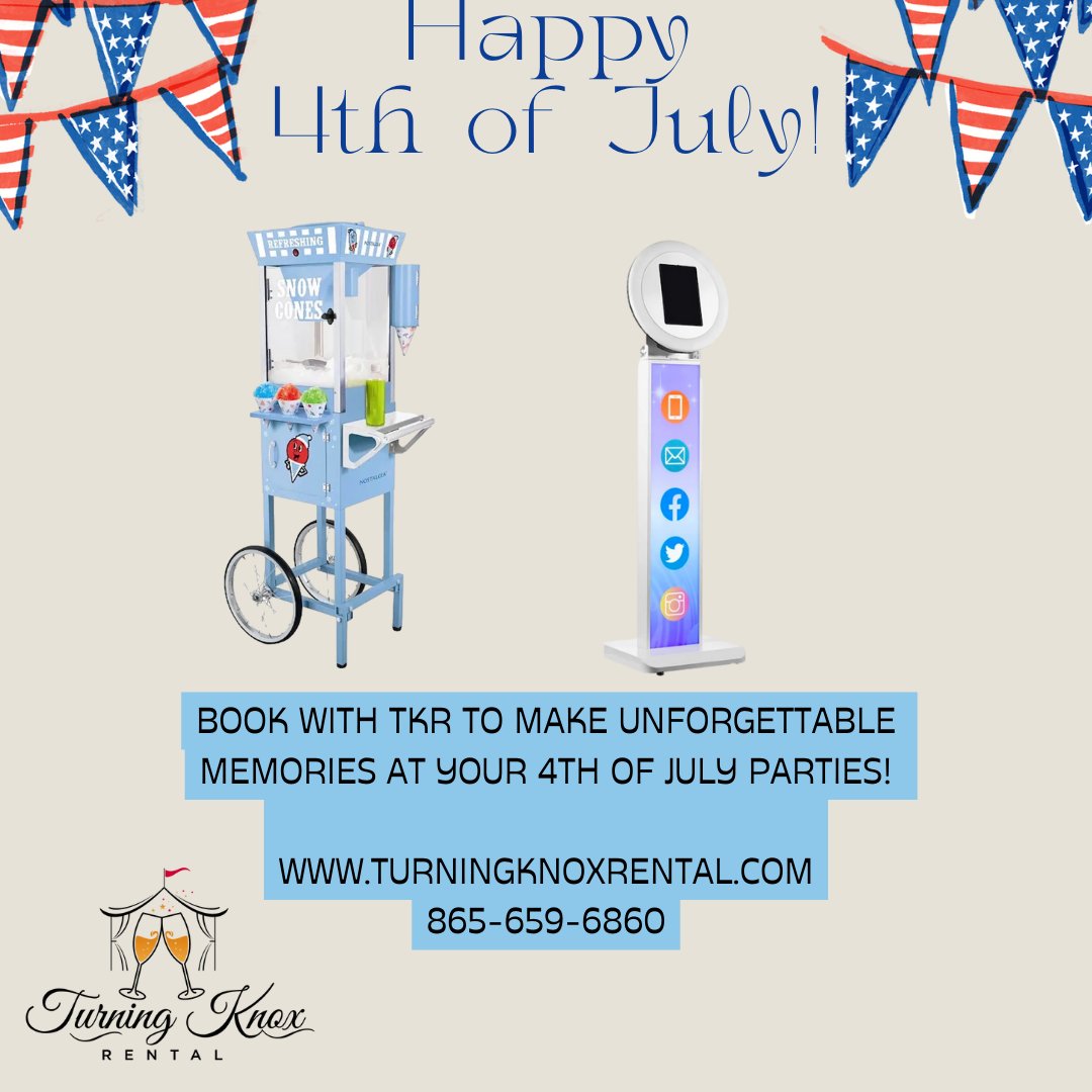 Book with TKR to make unforgettable and everlasting memories at your upcoming 4th of July parties! 

turningknoxrental.com 
865-659-6860