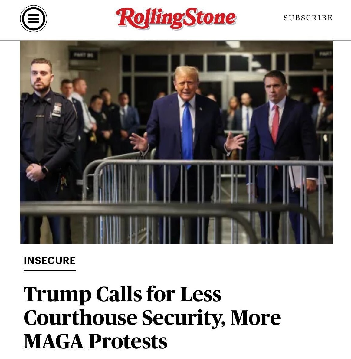 On Monday, a disgruntled Trump called for security around the trial to be eased so that his followers would feel more comfortable gathering to support him. More: rollingstone.com/politics/polit…