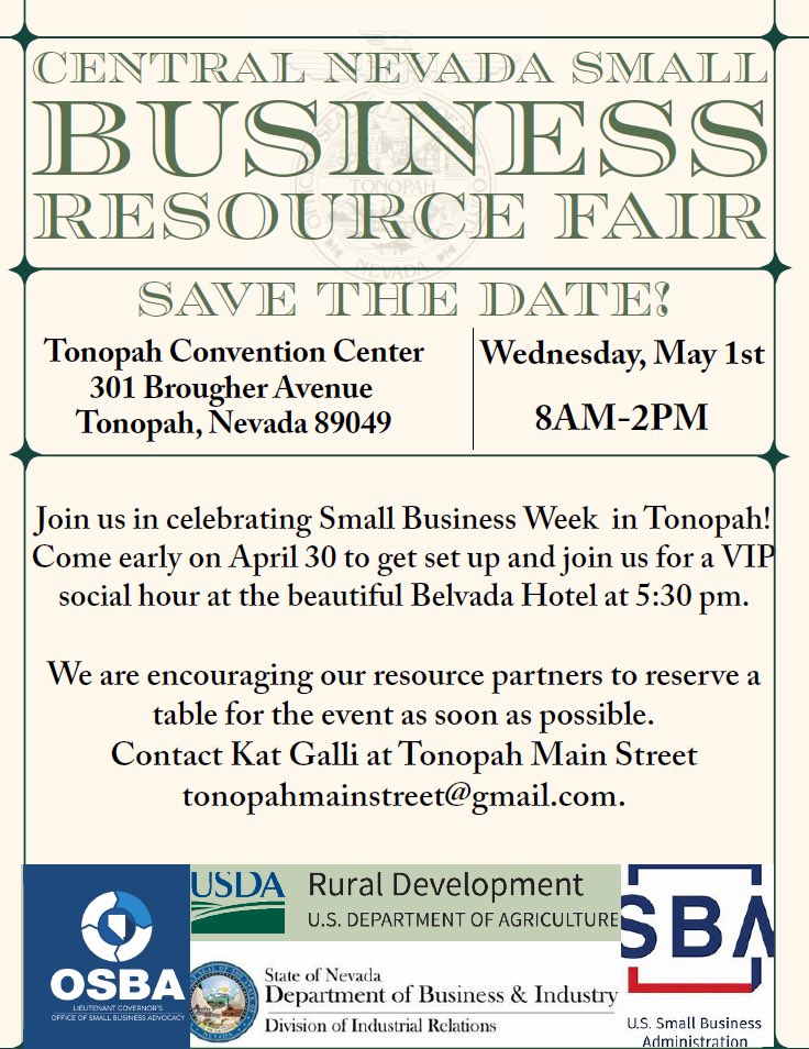 Join us in #Tonopah! @osbanv has collaborated with agencies to host the NV Small Biz Resource Fairs during #NationalSmallBusinessWeek! We are excited to bring City, County, State, & Federal resources to our communities. This is a FREE event! We look forward to seeing you there!