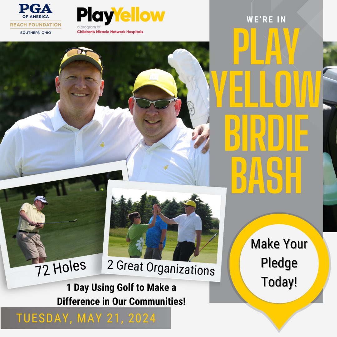 36 holes at the Spring Pro Pro Championship 🔜72 holes at the #PlayYellow Birdie Bash

Drew Muhich & Kyle Sanders are preparing to #ChangeKidsHealth next month supporting their @CMNHospitals - @CincyChildrens. 

Join their team: bit.ly/4aiMgId