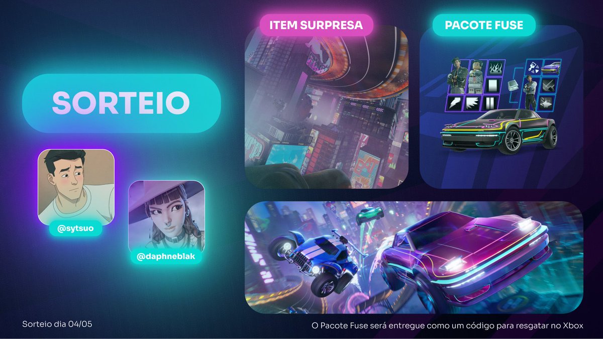 daphneblak's tweet image. SORTEIO NEON RUSH: Prepare-se para derrapar! ️

Quer ter a chance de ganhar o Pacote Fuse + um item surpresa?

Então prepare-se para derrapar nas curvas e seguir estes passos:

🚗 Siga @sytsuo e @daphneblak (já tá seguindo?)
🚗 Curta e compartilha essa publicação 
🚗 Marque um…