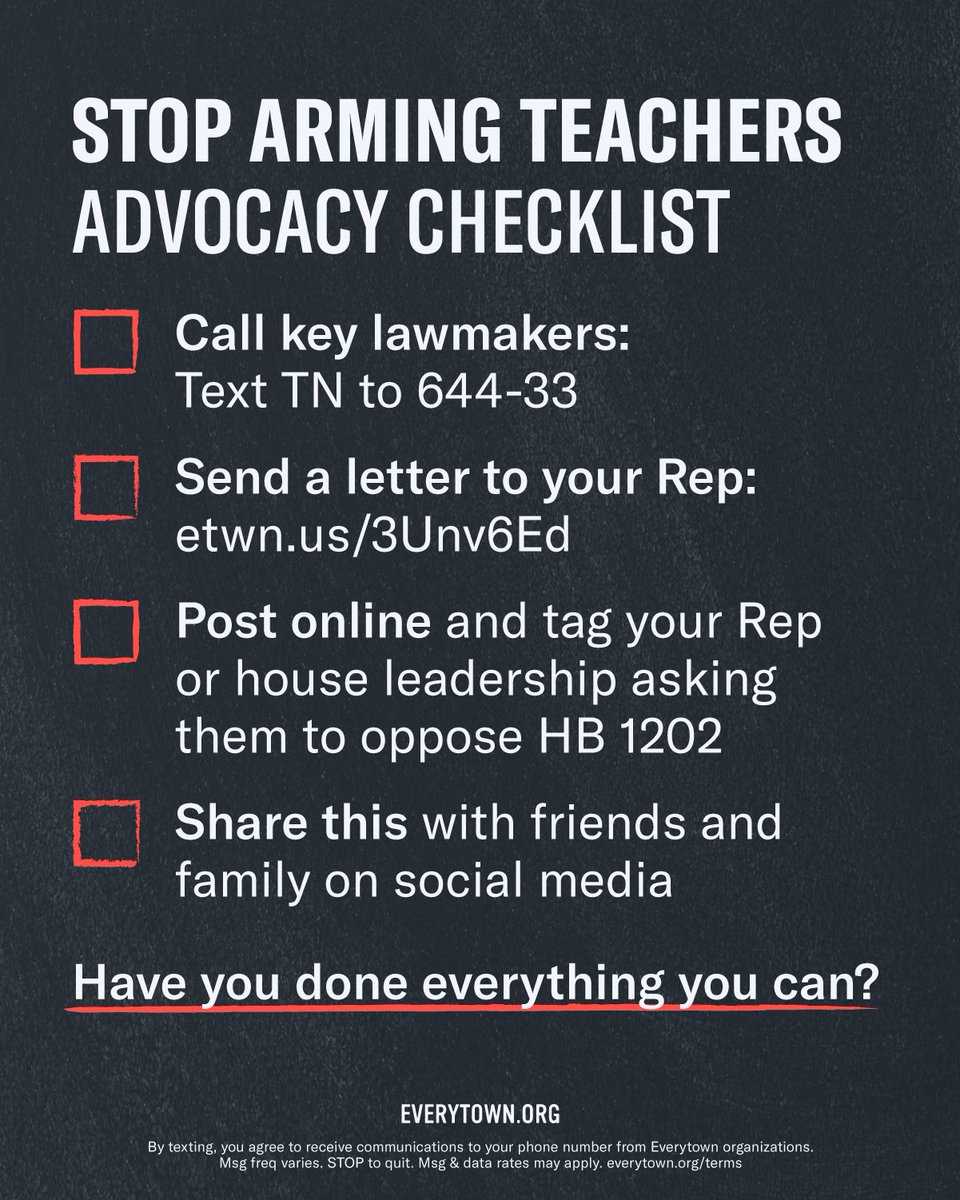 ACT NOW! 🚨🚨🚨🚨🚨🚨🚨
Tennesseans and teachers are united across party lines. We do not want teachers to be armed. Take action: 
🚨Text TN to 644-33

🚨Send a letter to your Rep:
👇👇👇
act.everytown.org/sign/20240402-…
@MomsDemand 
#TNLeg