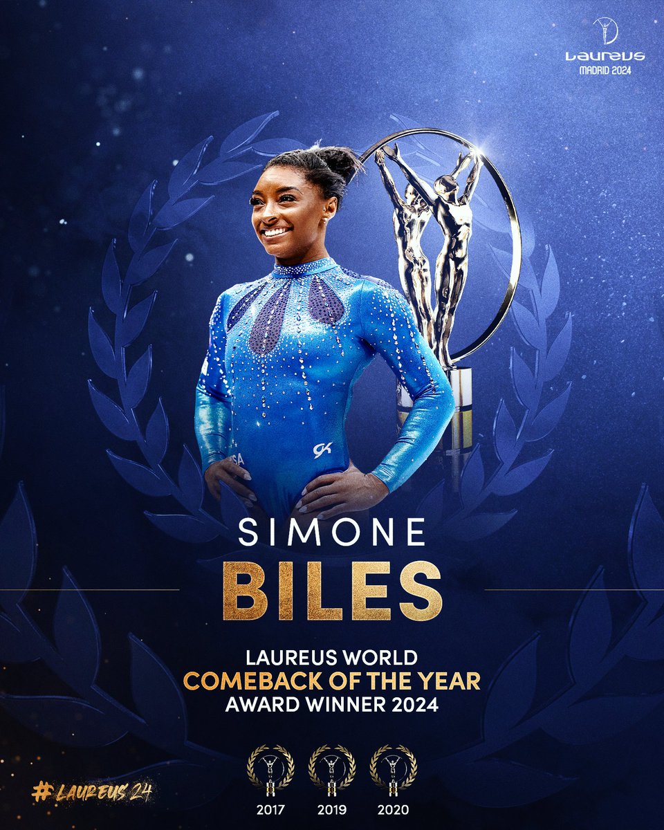 The 2024 Laureus World Comeback of the Year Award winner is Simone Biles 🏆 The iconic gymnast made a record-breaking return to competition last year, winning four gold medals in the World Championship including a record sixth all-around title. #Laureus24